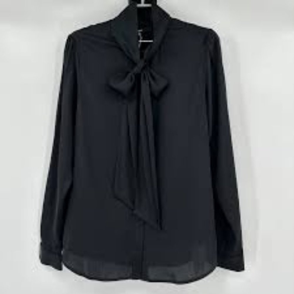 Quince Washable Stretch Silk Tie Neck Blouse - Black/XS
